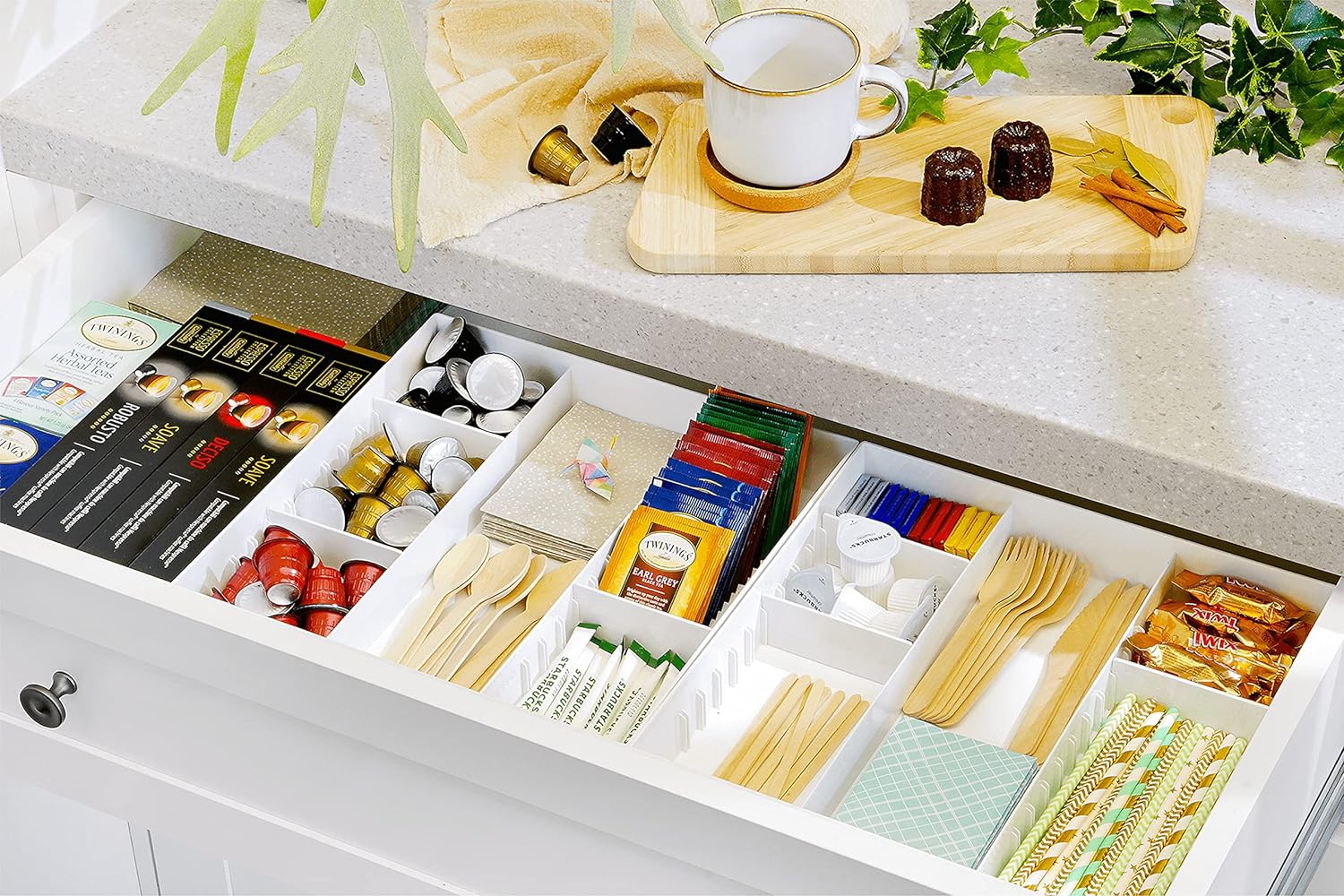 CAXXA 3 Slot Drawer Organizer with 4 Adjustable Dividers - Junk Drawer Storage for Makeup & Vanity, Office Desk Supplies and Accessories (WHITE, 1 PACK) - Image 8